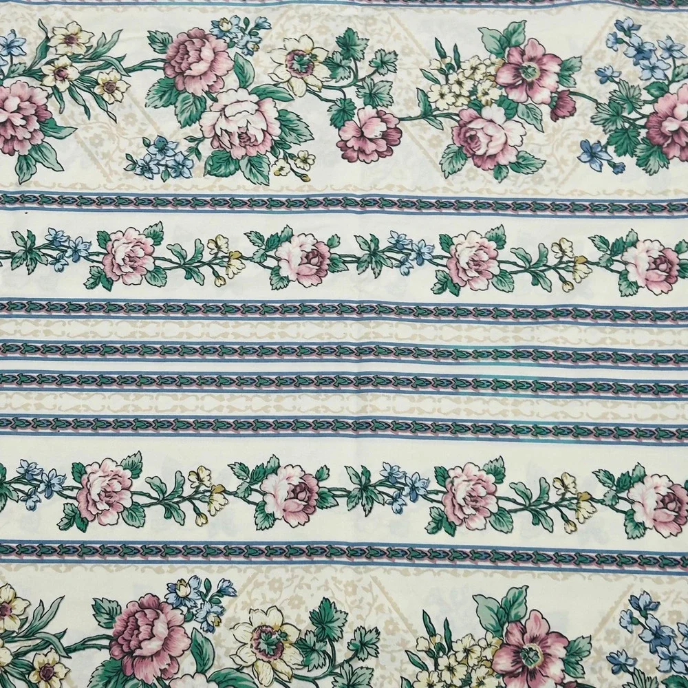 Vintage Thomaston Percale King Flat Sheet Cream Pink Rose Floral USA Cottagecore